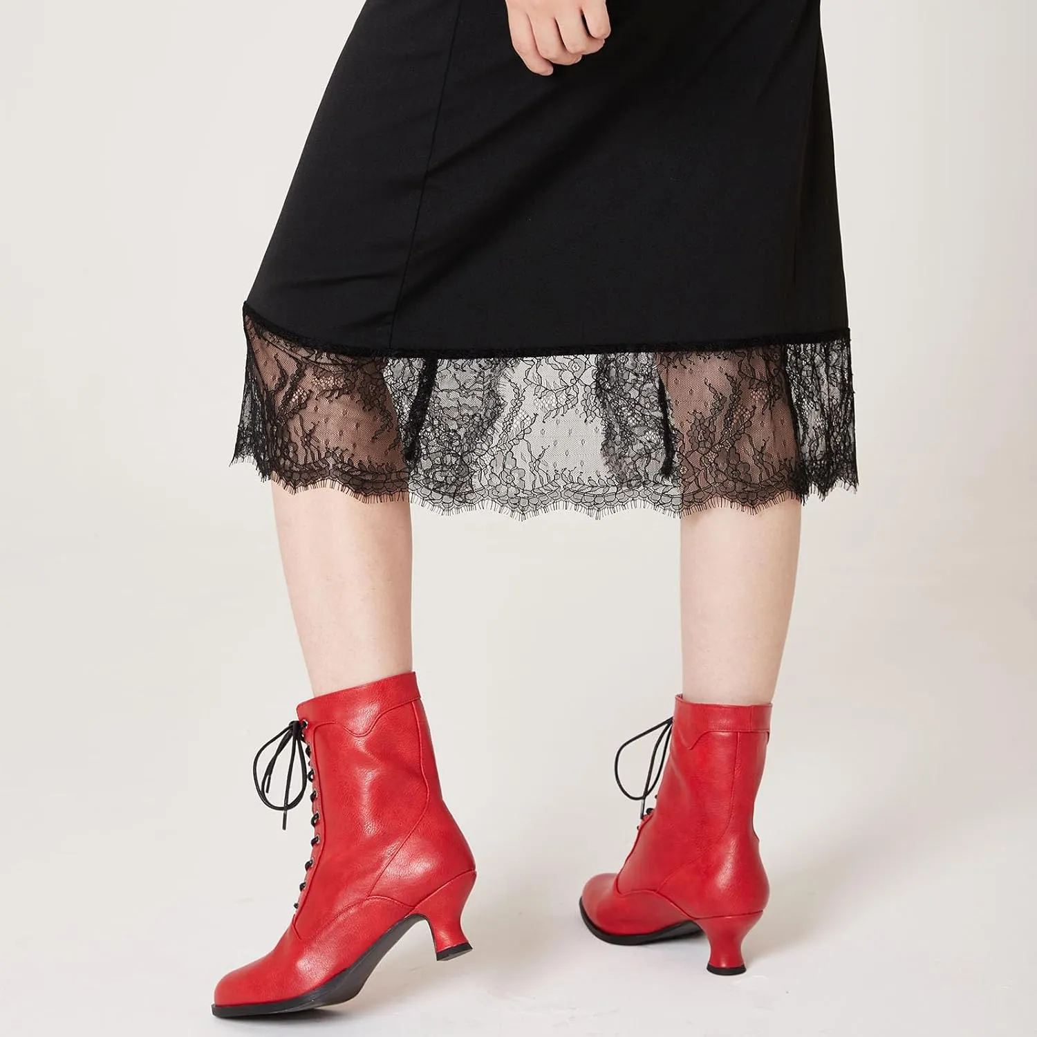 Women's Victorian Ankle Boots - Mid Calf, Round Toe, Black Boots with Chunky Heel & Lace Up Detail