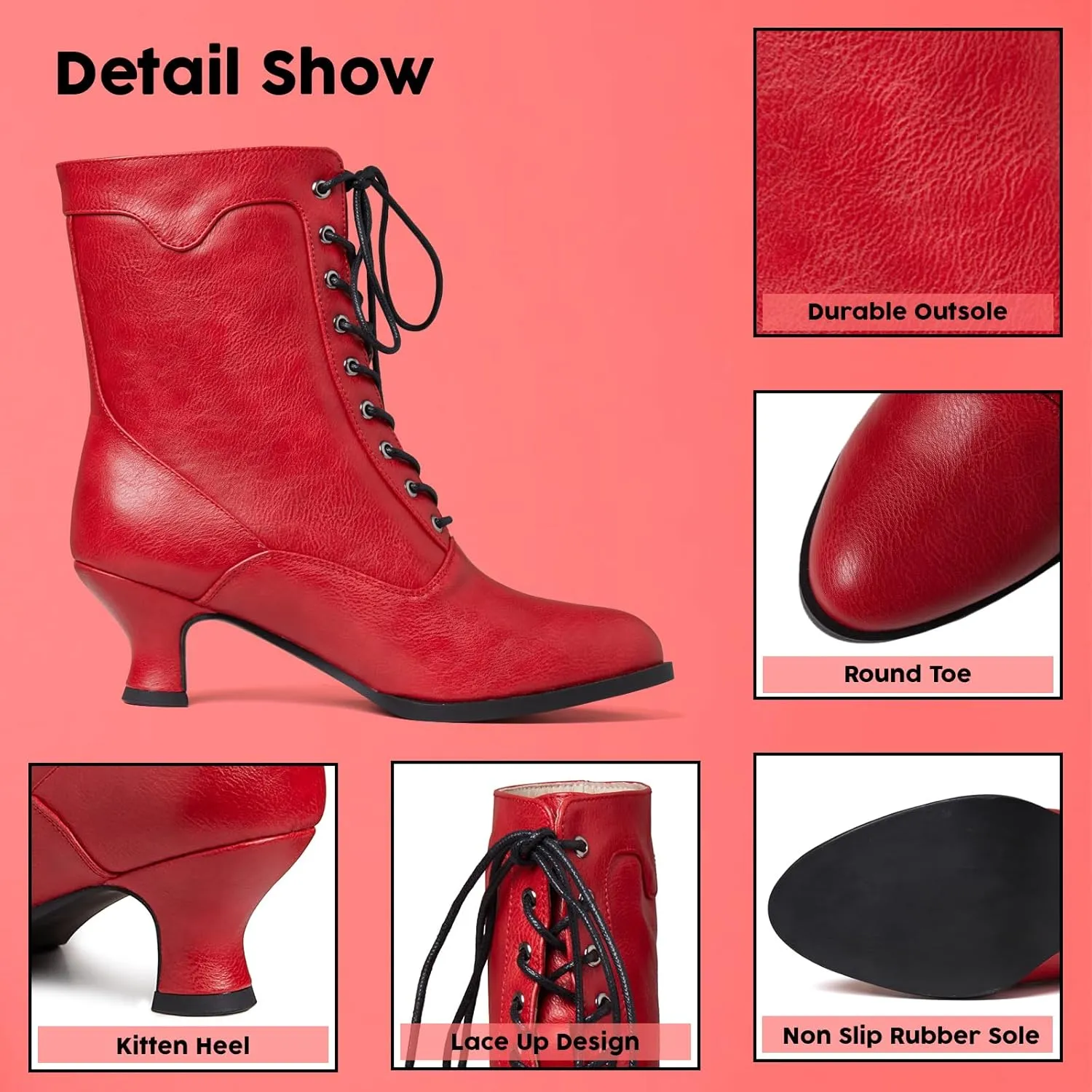 Women's Victorian Ankle Boots - Mid Calf, Round Toe, Black Boots with Chunky Heel & Lace Up Detail