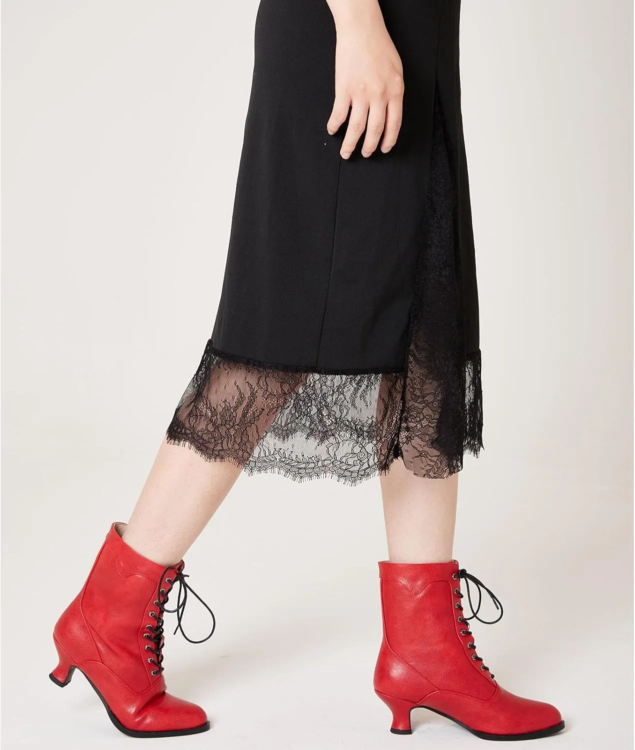 Women's Victorian Ankle Boots - Mid Calf, Round Toe, Black Boots with Chunky Heel & Lace Up Detail