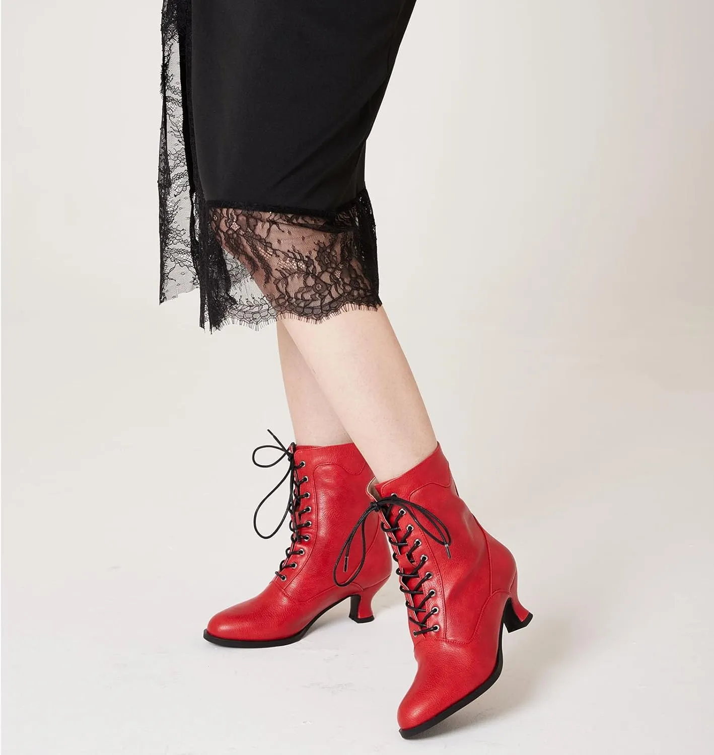 Women's Victorian Ankle Boots - Mid Calf, Round Toe, Black Boots with Chunky Heel & Lace Up Detail