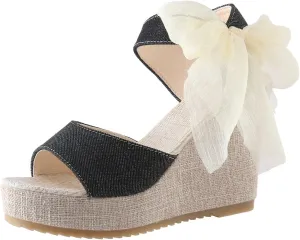 Women's Wedge Espadrille Sandals Platform Bow Ankle Tie Espadrilles Satin Lace Up Slides Open Toe Slip On Casual High Mules Wedges Heel Floral Printed Slingback Strap Bowknot Shoes Sandal