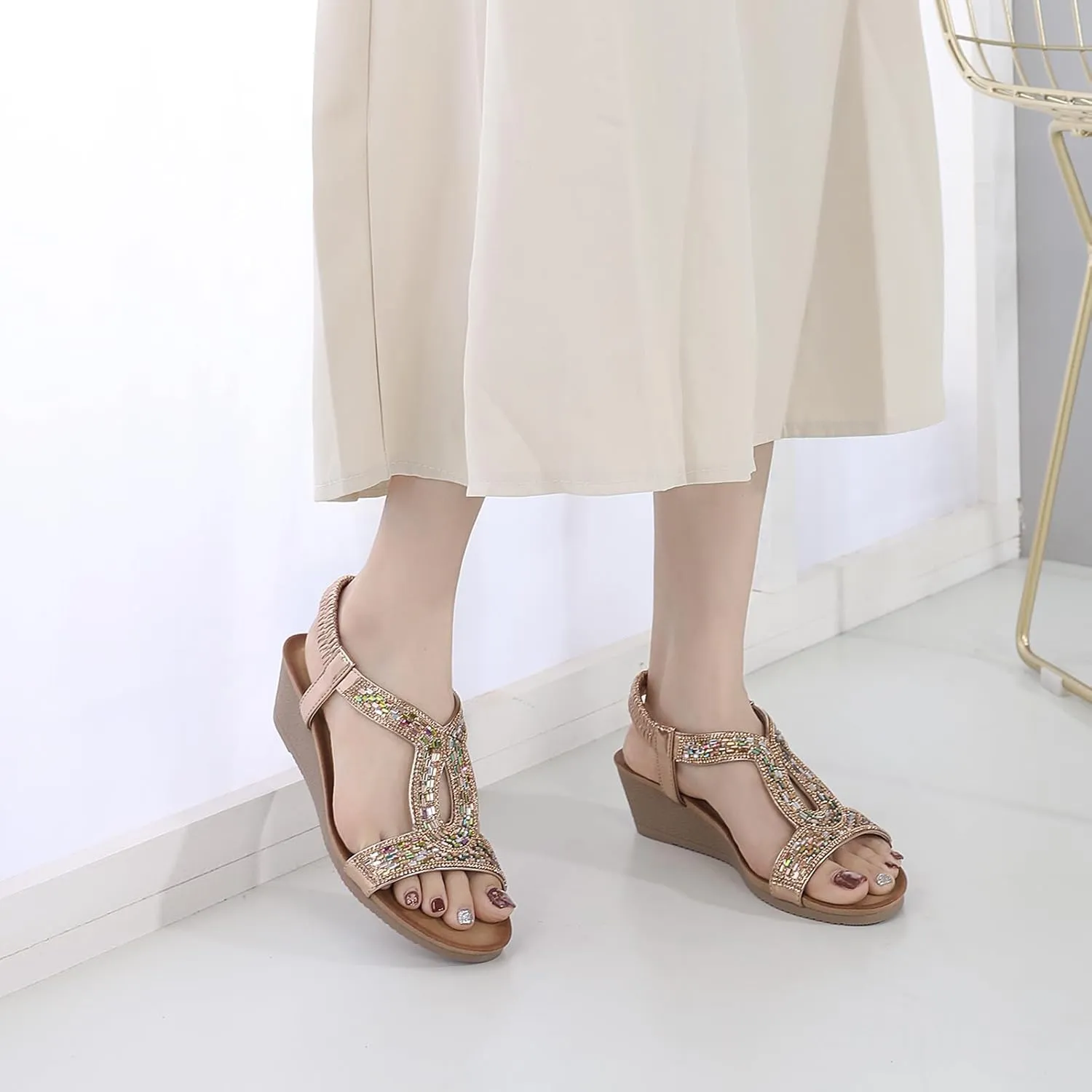 Womens Wedge Sandals, Comfortable Summer Open Toe Sparkly Rhinestone Shoes for Party, Wedding, and Fashion Dress