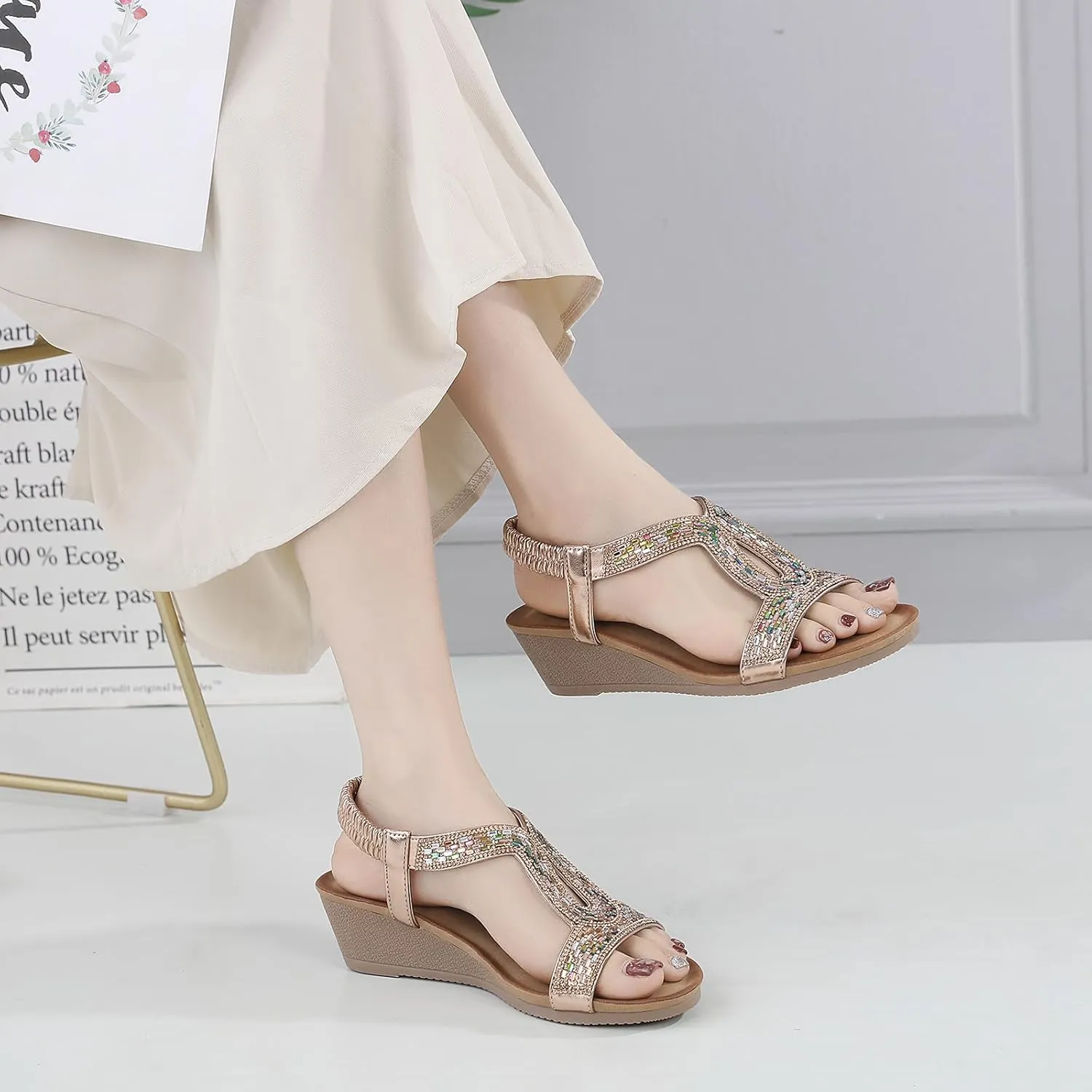 Womens Wedge Sandals, Comfortable Summer Open Toe Sparkly Rhinestone Shoes for Party, Wedding, and Fashion Dress