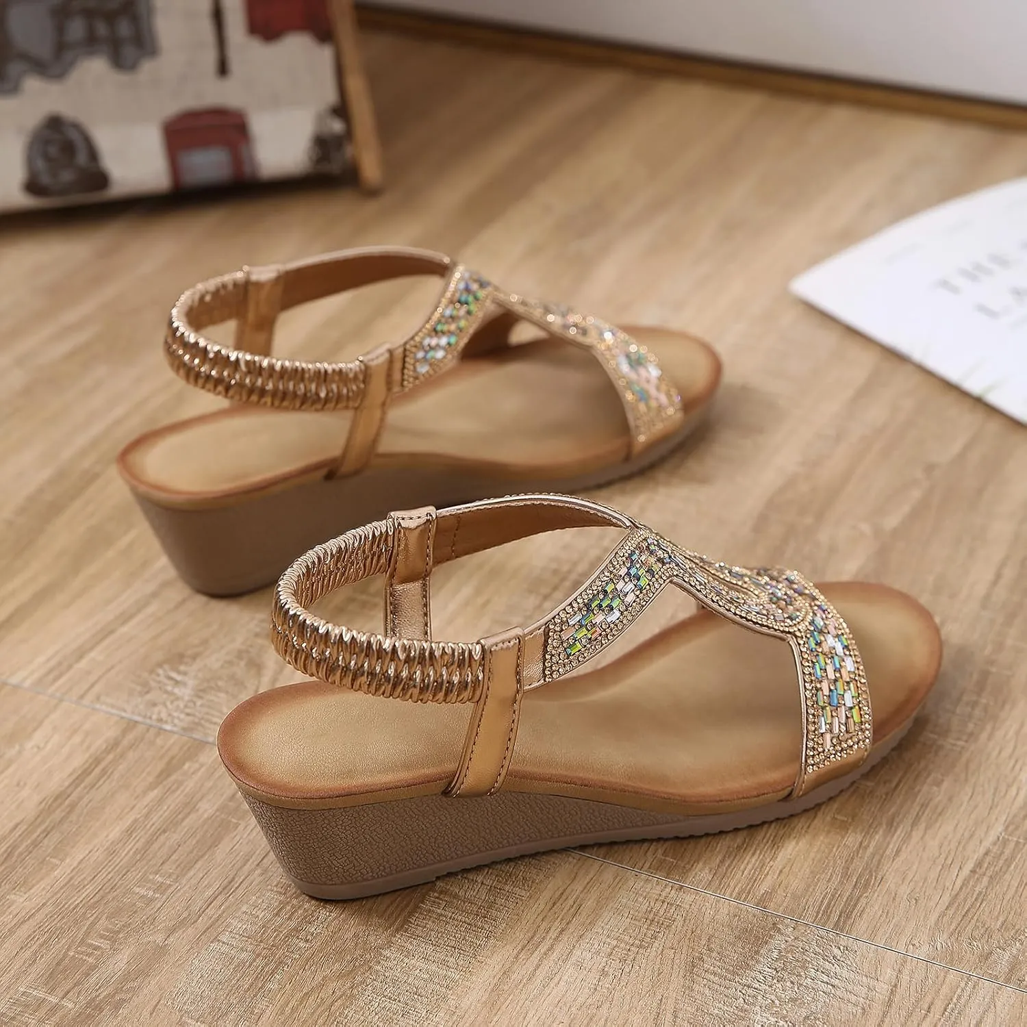 Womens Wedge Sandals, Comfortable Summer Open Toe Sparkly Rhinestone Shoes for Party, Wedding, and Fashion Dress