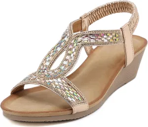 Womens Wedge Sandals, Comfortable Summer Open Toe Sparkly Rhinestone Shoes for Party, Wedding, and Fashion Dress