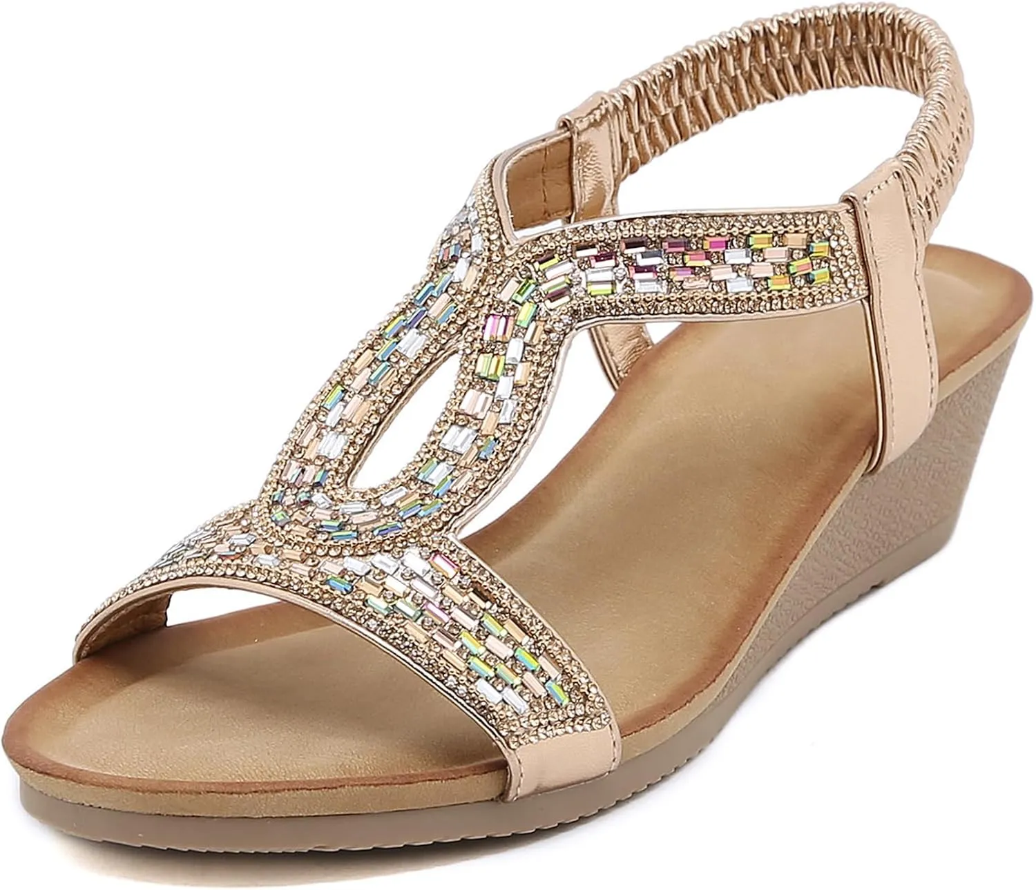 Womens Wedge Sandals, Comfortable Summer Open Toe Sparkly Rhinestone Shoes for Party, Wedding, and Fashion Dress