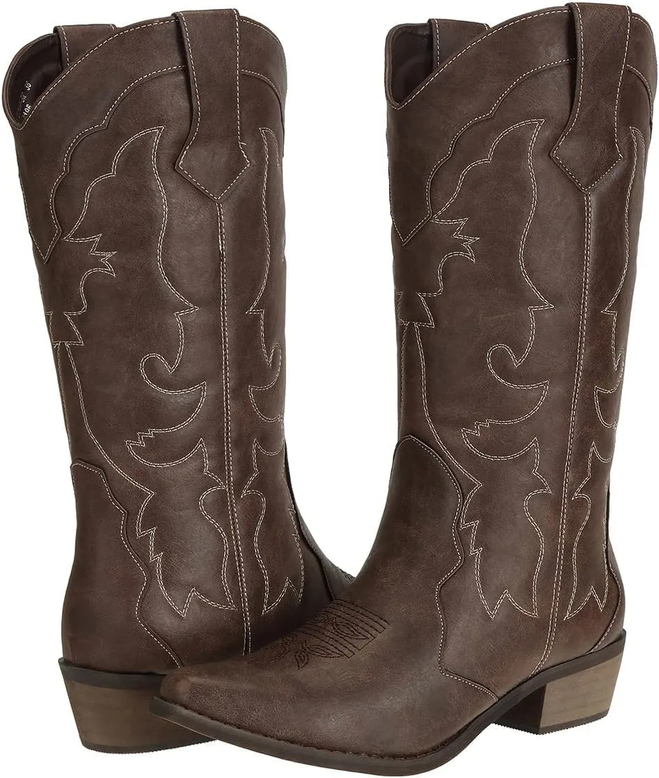 Womens Western Cowgirl Cowboy Boots Mid Calf Snip Toe Fashion Shoes
