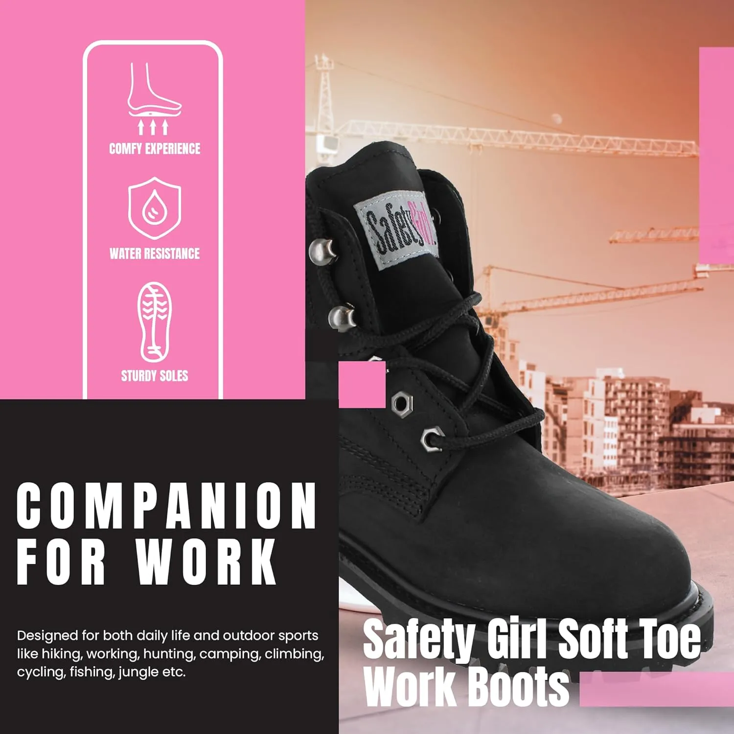 Women’s Work Boots | Waterproof Leather Work Boots for Women | Oil & Slip-Resistant Soft Toe Boots for Women | Premium Nubuck Leather | Lightweight and Comfortable | Black Leather - 11.5W