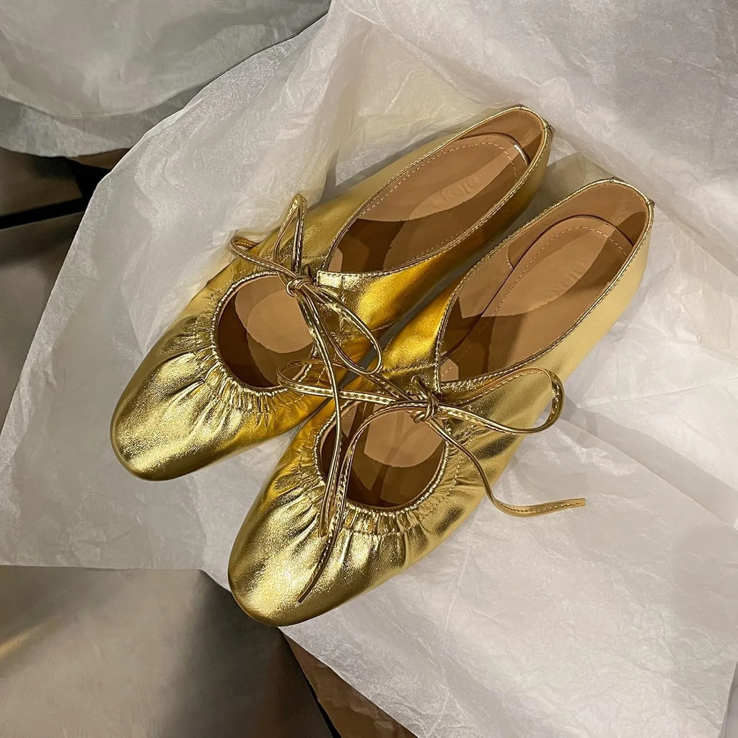 Women's Wrinkled Leather Lace Up Flat Mules Fashion Lace Up Closed Round Toe Shallow Mouth Ballet Shoes Comfortable Lightweight Luxury Casual Business Wedding Dress Shoes