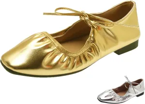 Women's Wrinkled Leather Lace Up Flat Mules Fashion Lace Up Closed Round Toe Shallow Mouth Ballet Shoes Comfortable Lightweight Luxury Casual Business Wedding Dress Shoes