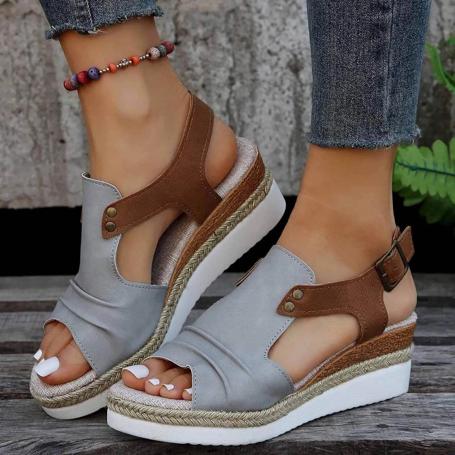 Womenyiaor Wedge Sandals for Women, Espadrilles Wedges Sandals Women, Womens Sandals Comfortable Dressy Platform Sandals, Ladies Sandals Open Toe Buckle Ankle Strap Low Wedge Sandals Summer Sandals