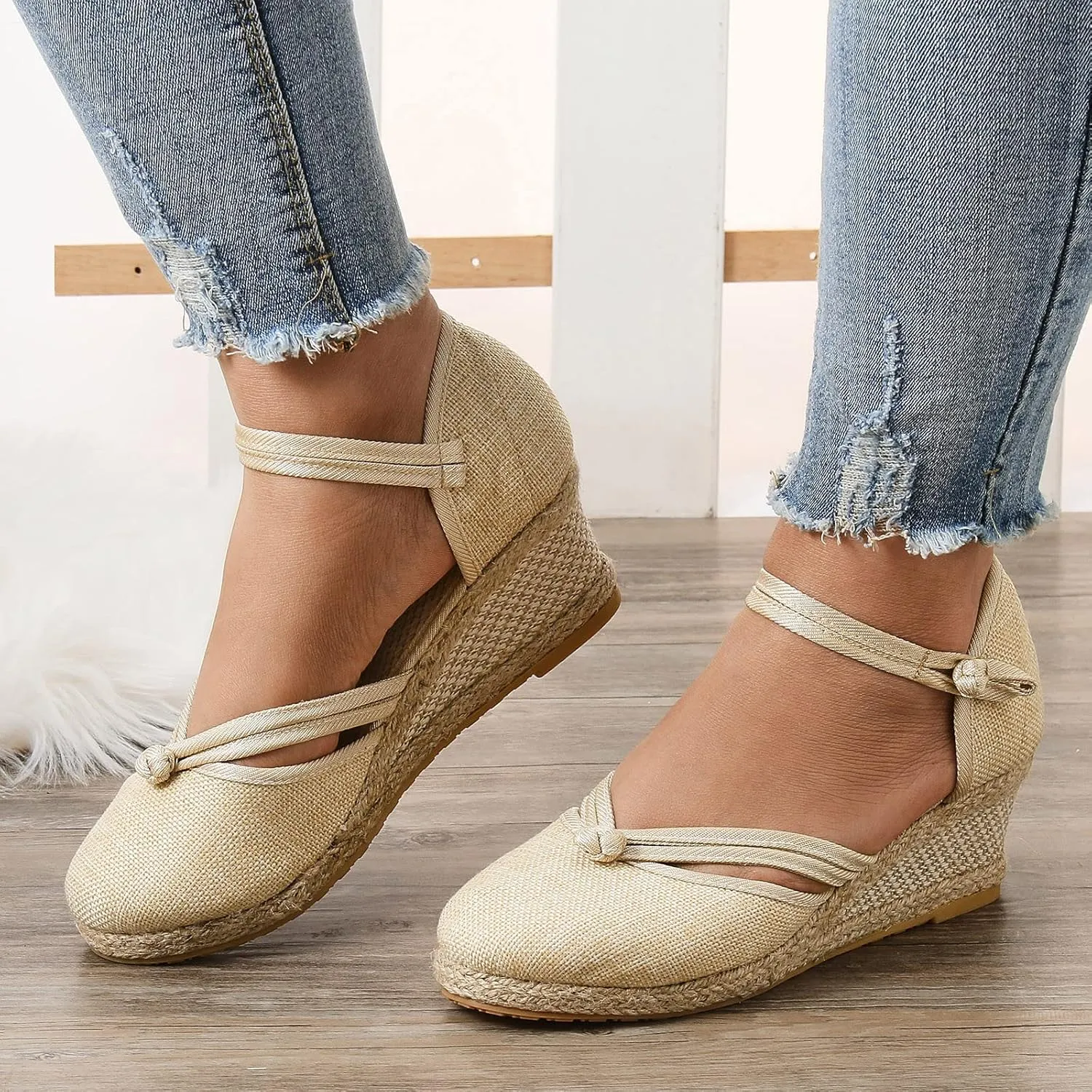 Womenyiaor Wedge Sandals for Women, Women's Closed Toe Elastic Ankle Strap Espadrilles Wedge Sandals Low Wedge Heel Sandals Dressy Summer Casual Platform Shoes