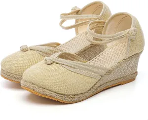 Womenyiaor Wedge Sandals for Women, Women's Closed Toe Elastic Ankle Strap Espadrilles Wedge Sandals Low Wedge Heel Sandals Dressy Summer Casual Platform Shoes