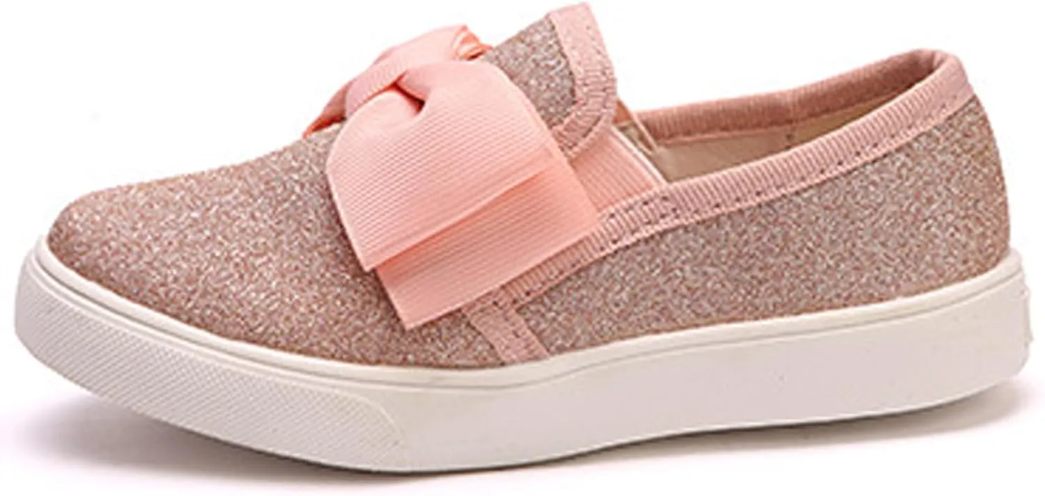 WUIWUIYU Girls Toddlers School Uniform Shoes Loafers Sneakers Slip on Bow Sparkly Walking Casual Glitter Shoe Flats