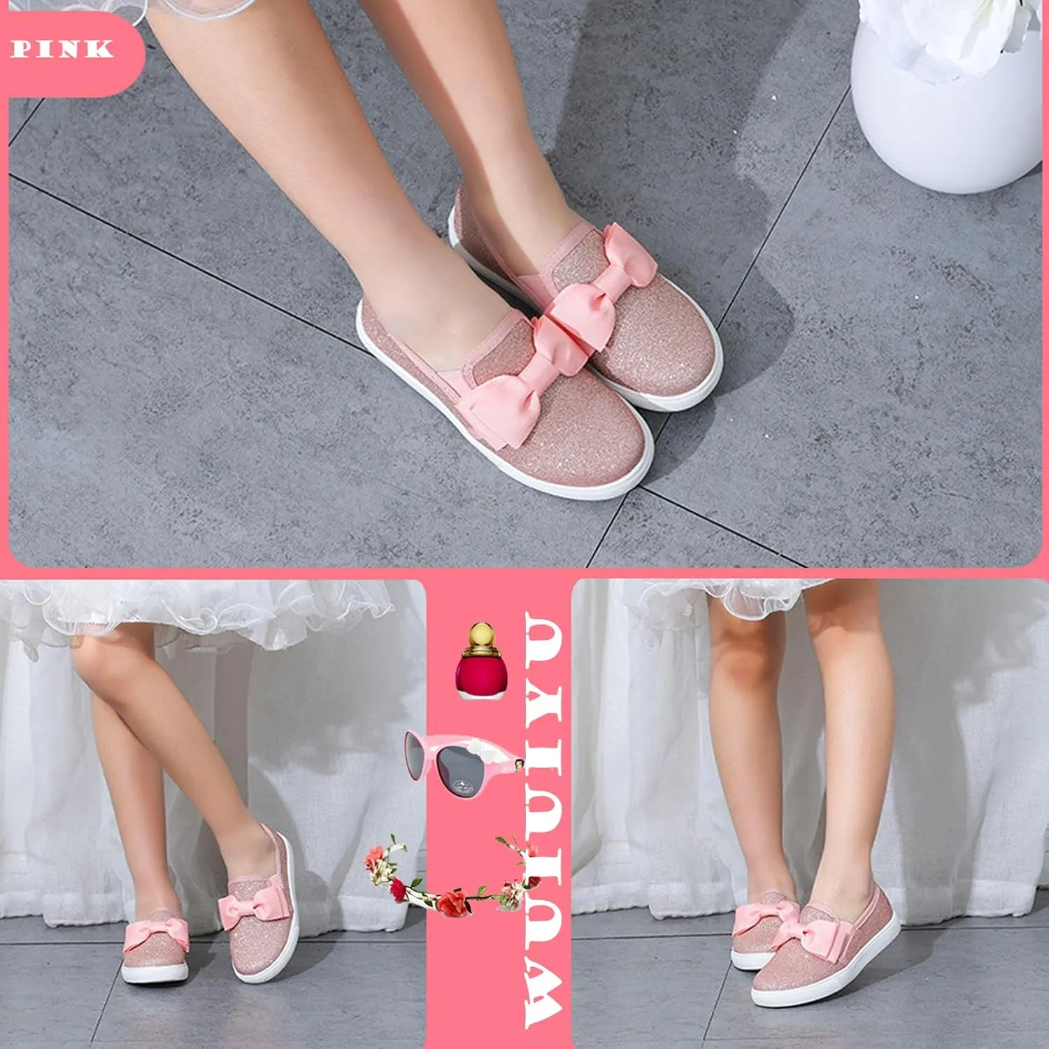 WUIWUIYU Girls Toddlers School Uniform Shoes Loafers Sneakers Slip on Bow Sparkly Walking Casual Glitter Shoe Flats