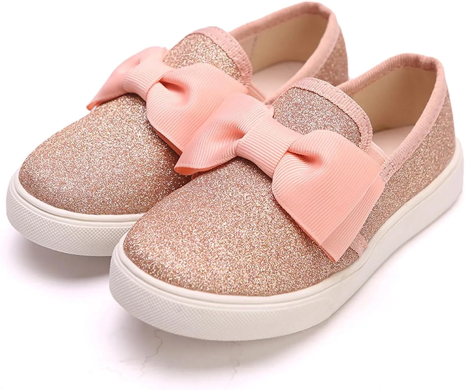 WUIWUIYU Girls Toddlers School Uniform Shoes Loafers Sneakers Slip on Bow Sparkly Walking Casual Glitter Shoe Flats