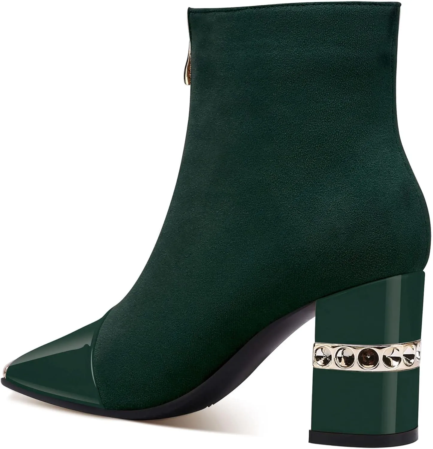 XINIUNIU Women's Ankle Boots Block Chunky Heels Booties Metal Square Toe Suede Front Zipper 3 Inch Short Shoes Dress