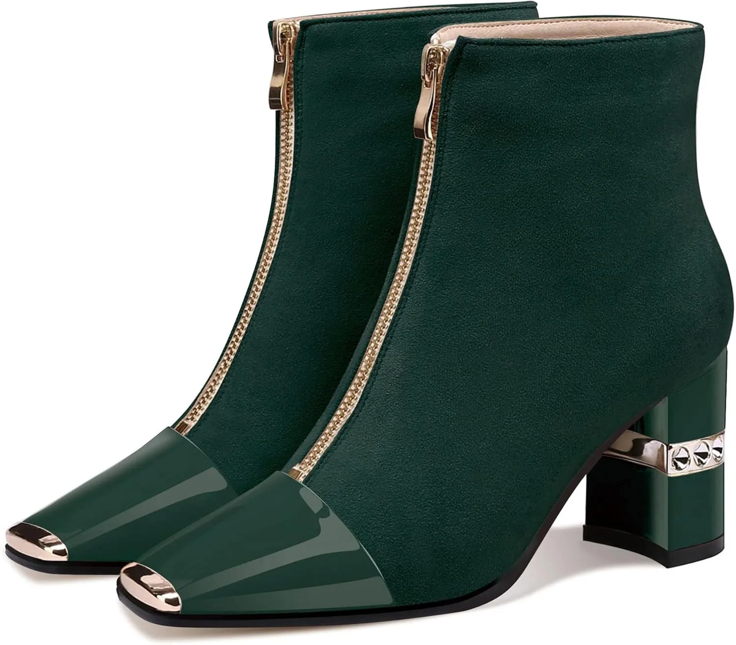 XINIUNIU Women's Ankle Boots Block Chunky Heels Booties Metal Square Toe Suede Front Zipper 3 Inch Short Shoes Dress