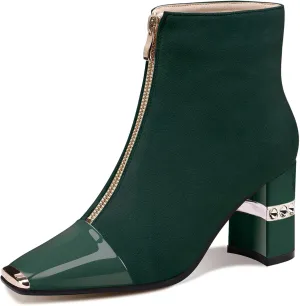 XINIUNIU Women's Ankle Boots Block Chunky Heels Booties Metal Square Toe Suede Front Zipper 3 Inch Short Shoes Dress