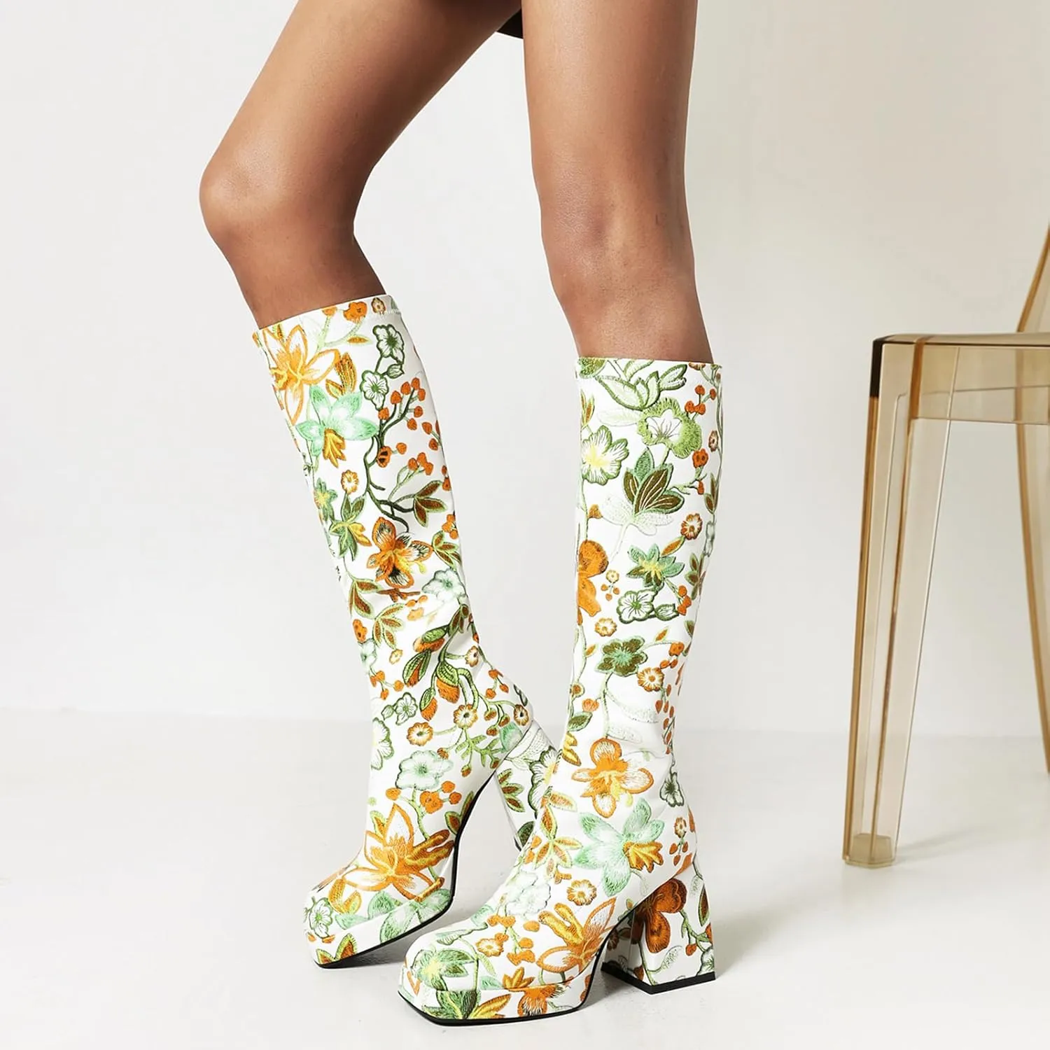 Yishaweiqi Women's Platform Gogo Boots Pull On Mid Calf Boots Chunky Block High Heel Boots Dress Halloween Costume Long Boots Disco Party Boots for Women