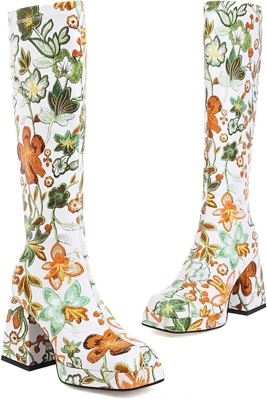 Yishaweiqi Women's Platform Gogo Boots Pull On Mid Calf Boots Chunky Block High Heel Boots Dress Halloween Costume Long Boots Disco Party Boots for Women