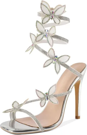 YODEKS Rhinestone Butterfly Heels Sandals Open Toe High Heels Women's Shoes