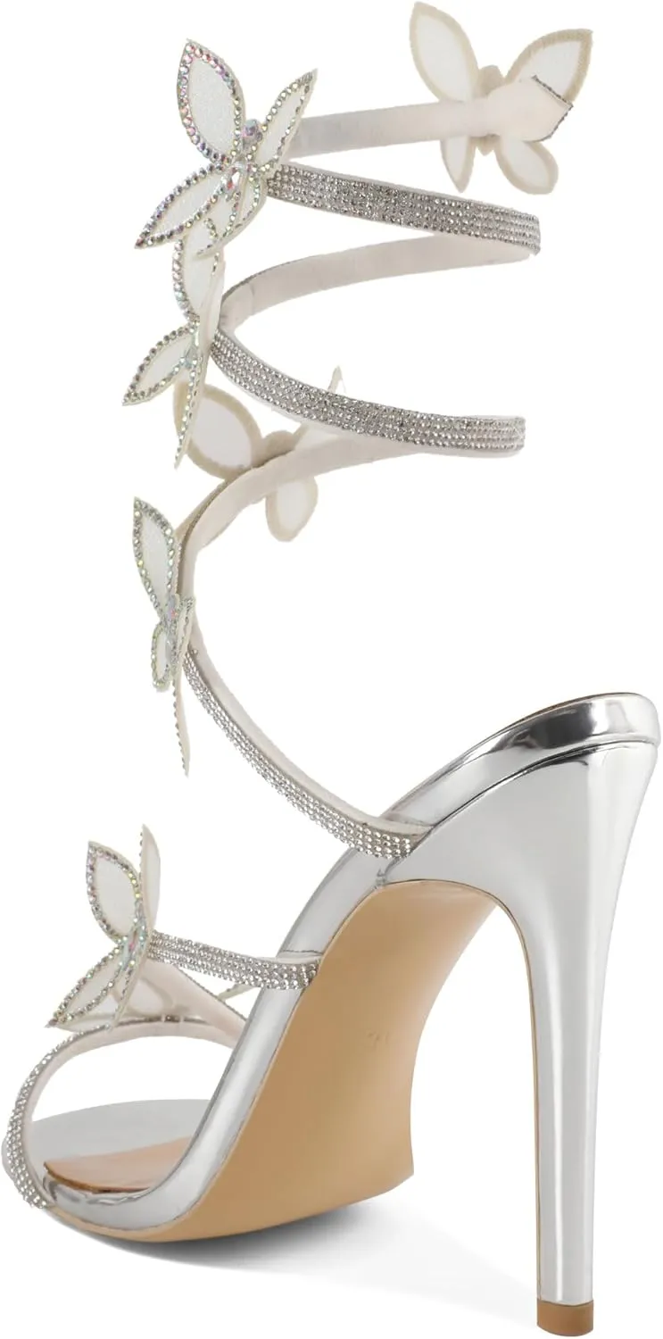 YODEKS Rhinestone Butterfly Heels Sandals Open Toe High Heels Women's Shoes