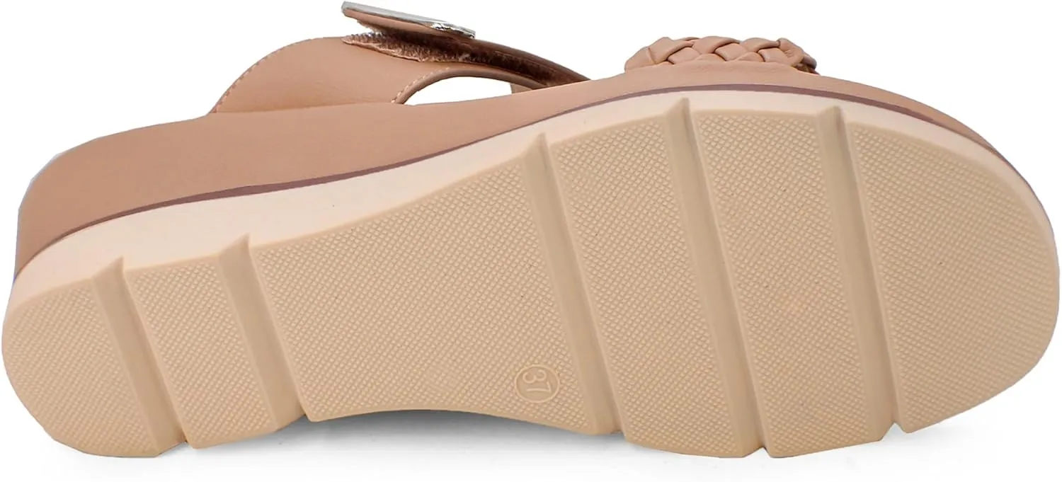 YOKI Women’s Comfort Wedge Sandals with Braided Upper & Gold Accent, Women’s Sandals Dressy Comfortable, Platform Sandals Women, Summer Sandals