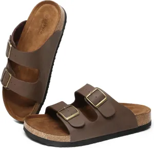 Yozuru Womens Flat Sandals Cork Footbed Slides with Arch Support Adjustable Buckle Slip on Slides Summer Open Toe Beach Sandals