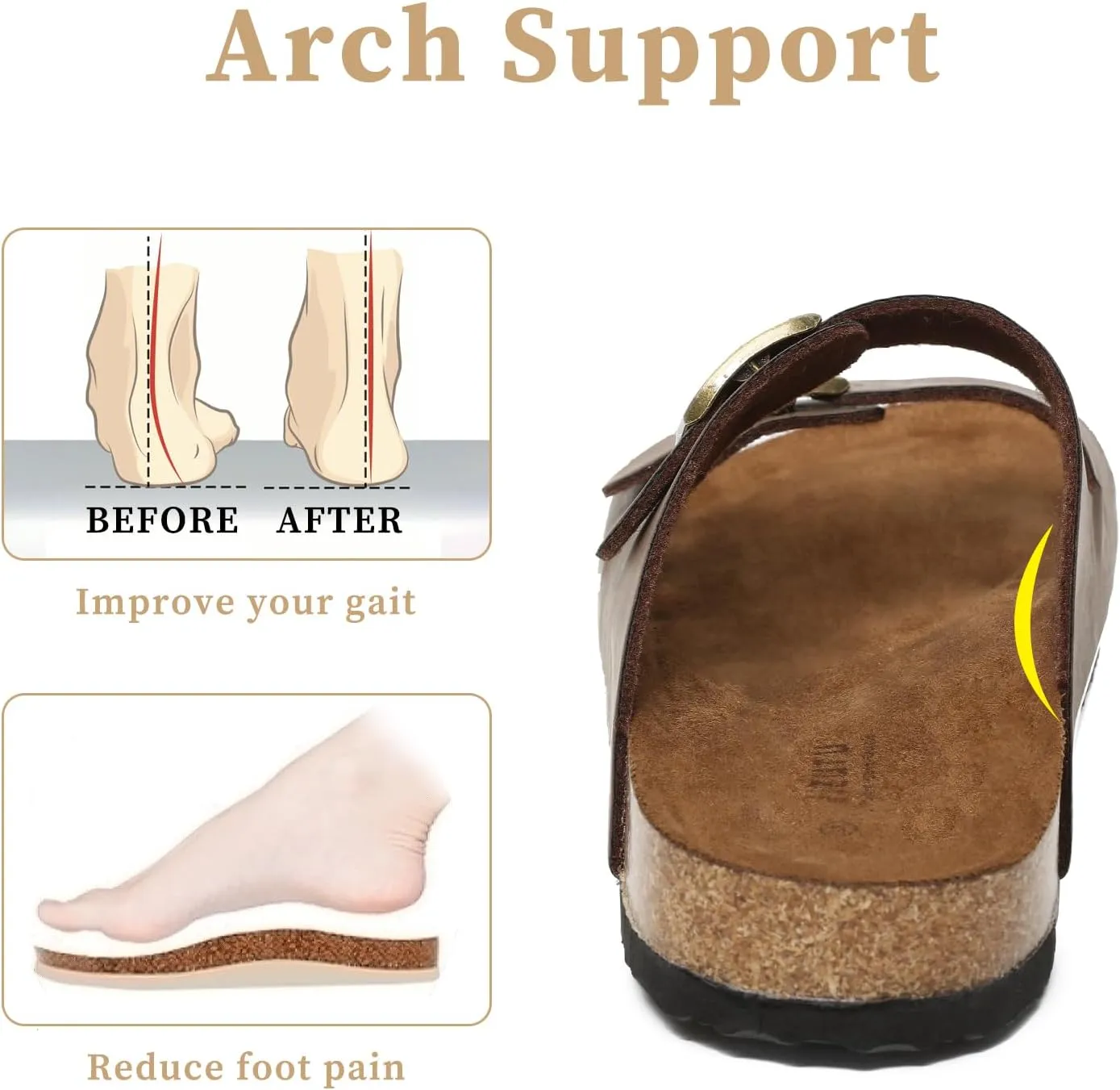 Yozuru Womens Flat Sandals Cork Footbed Slides with Arch Support Adjustable Buckle Slip on Slides Summer Open Toe Beach Sandals