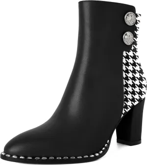Zamikoo Chunky Heel Ankle Boots for Women Round Toe Beaded Heel Short Booties Fall Heel Boots Side Zipper 3 Inches