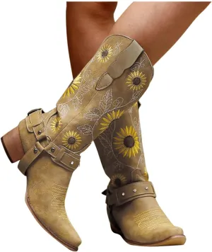 ZBYY Women Sunflower Embroidered Cowgirl Boots Square Toe Retro Western Boots Chunky Heels Pull On Mid Calf Booties