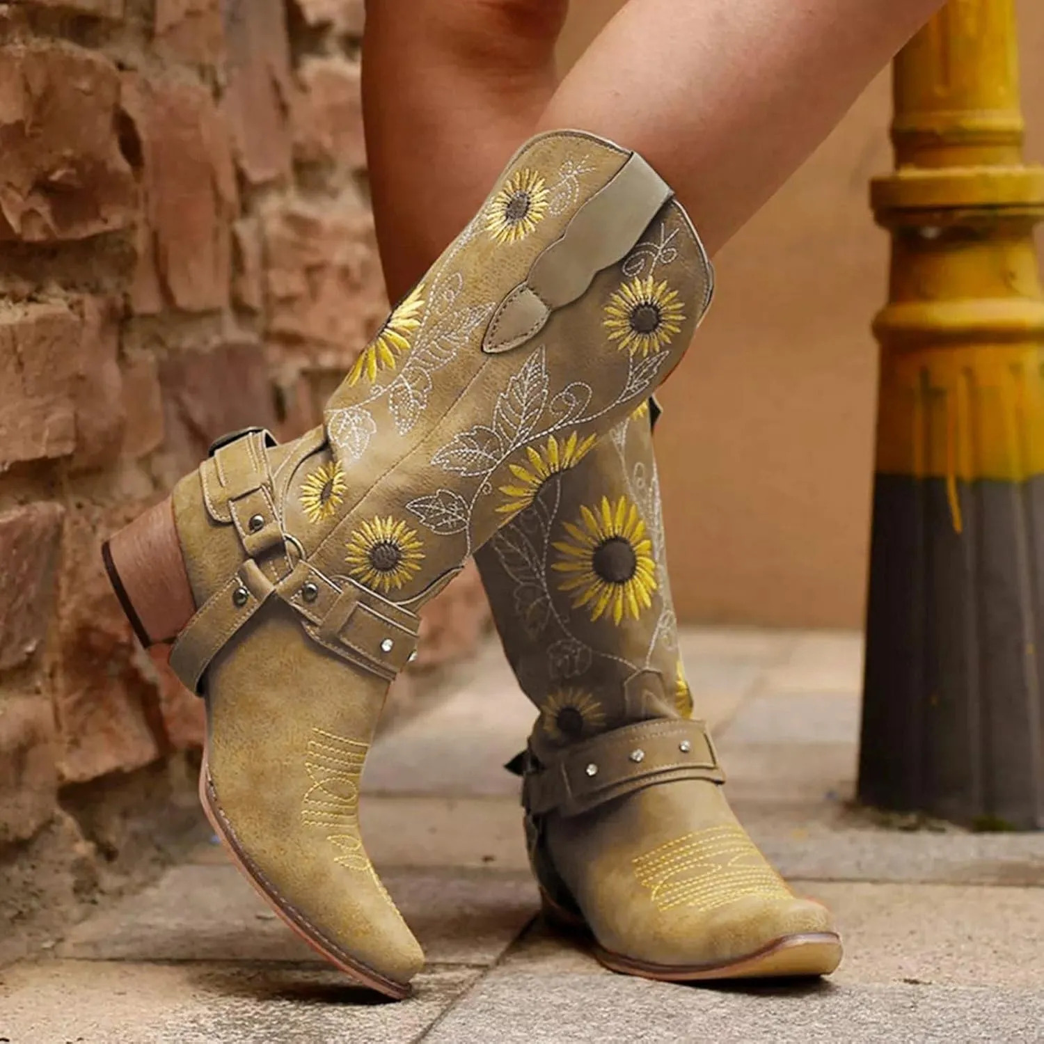 ZBYY Women Sunflower Embroidered Cowgirl Boots Square Toe Retro Western Boots Chunky Heels Pull On Mid Calf Booties