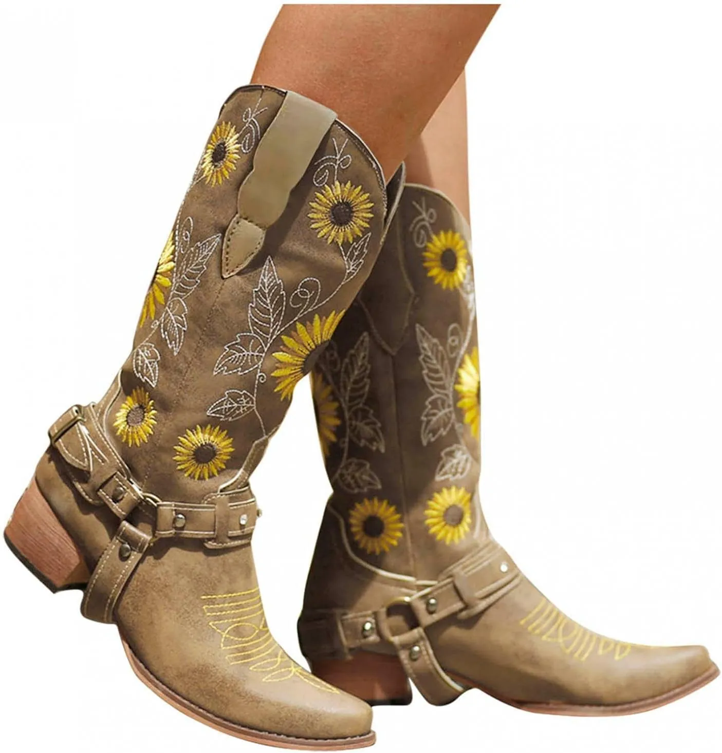 ZBYY Women Sunflower Embroidered Cowgirl Boots Square Toe Retro Western Boots Chunky Heels Pull On Mid Calf Booties