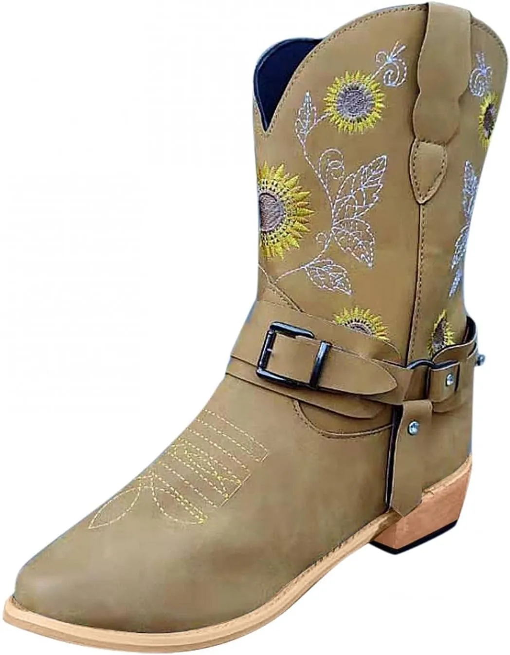 ZBYY Women Sunflower Embroidered Cowgirl Boots Square Toe Retro Western Boots Chunky Heels Pull On Mid Calf Booties
