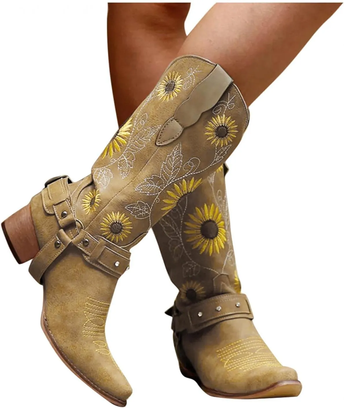 ZBYY Women Sunflower Embroidered Cowgirl Boots Square Toe Retro Western Boots Chunky Heels Pull On Mid Calf Booties