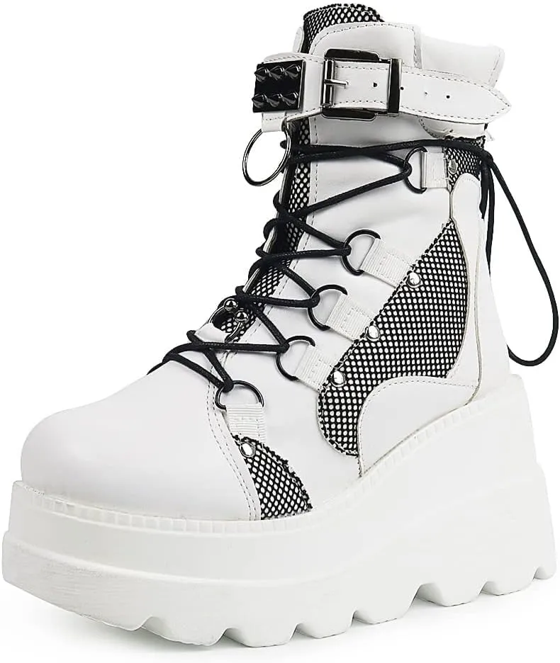 ZBYY Women's Combat Ankle Boots Zipper Lace Up Chunky Military Platform Shoes Wedge Heel Studded Goth Mid Calf Combat Booties