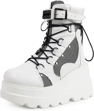 ZBYY Women's Combat Ankle Boots Zipper Lace Up Chunky Military Platform Shoes Wedge Heel Studded Goth Mid Calf Combat Booties