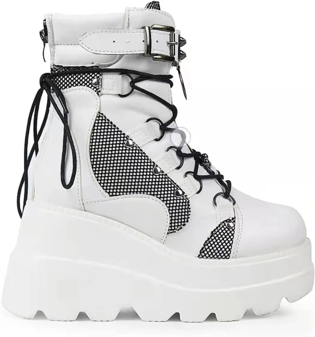 ZBYY Women's Combat Ankle Boots Zipper Lace Up Chunky Military Platform Shoes Wedge Heel Studded Goth Mid Calf Combat Booties