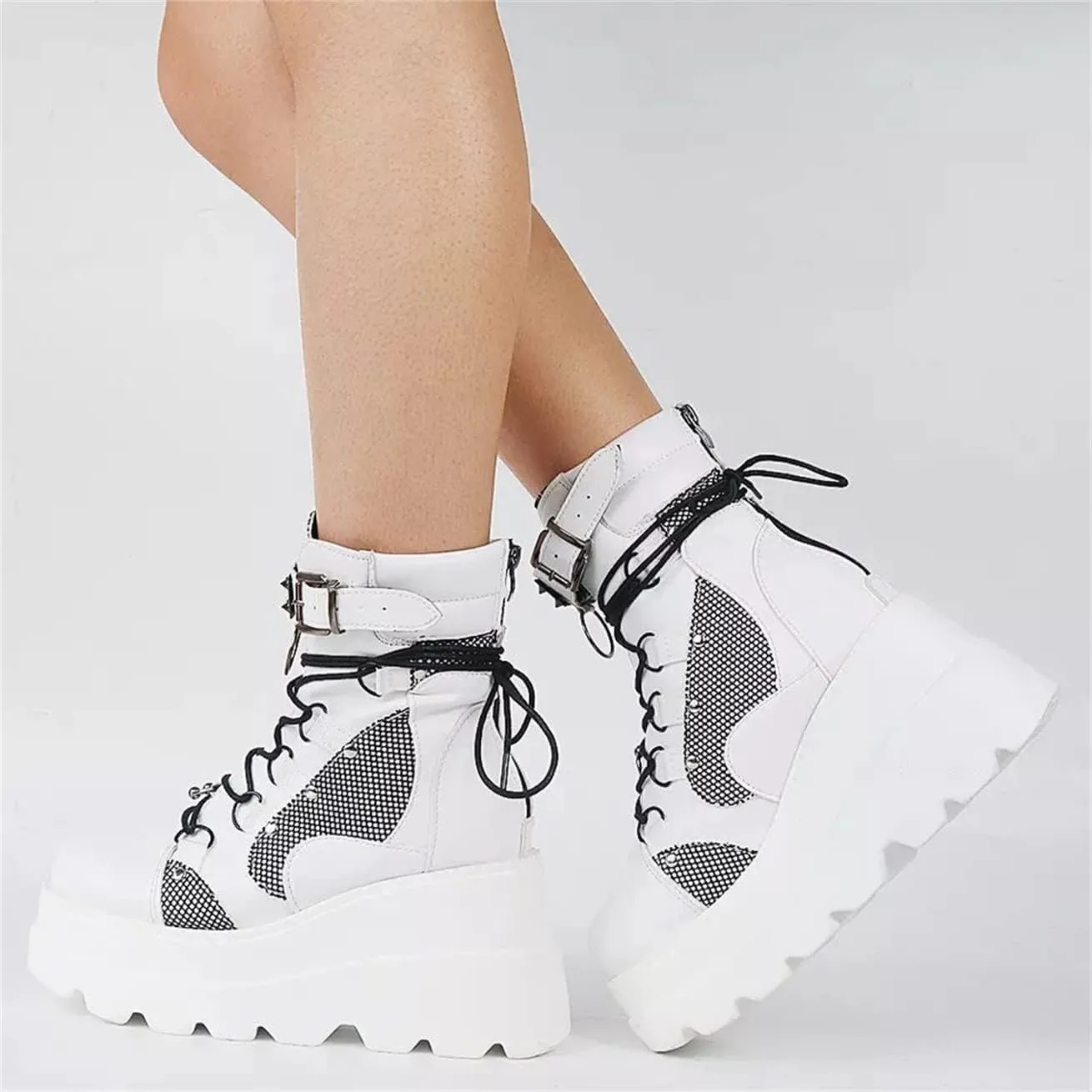 ZBYY Women's Combat Ankle Boots Zipper Lace Up Chunky Military Platform Shoes Wedge Heel Studded Goth Mid Calf Combat Booties