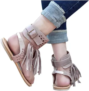 ZBYY Womens Gladiator Fringe Thong Flat Sandals Bohemian Sexy Beach Roman Boots Tassel Flip Flops Hollow Out Sandals