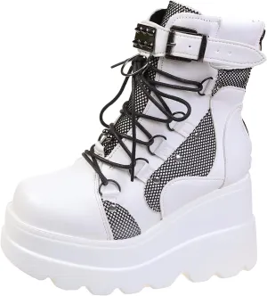 ZBYY Women's Lace Up Combat Booties Wedge Platform Mid Calf Military Booties Goth Buckle Strap Winter Ankle Boots
