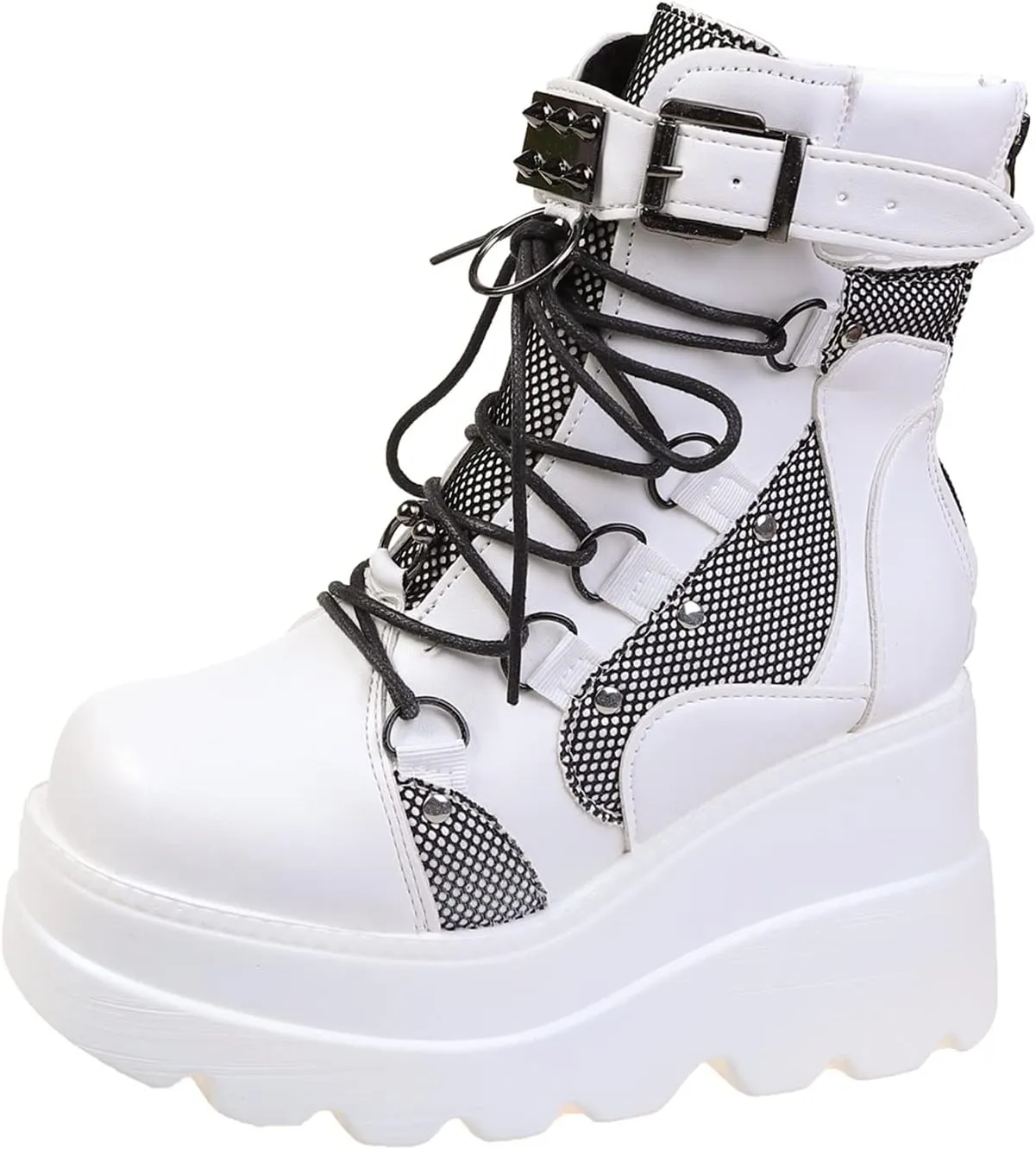 ZBYY Women's Lace Up Combat Booties Wedge Platform Mid Calf Military Booties Goth Buckle Strap Winter Ankle Boots