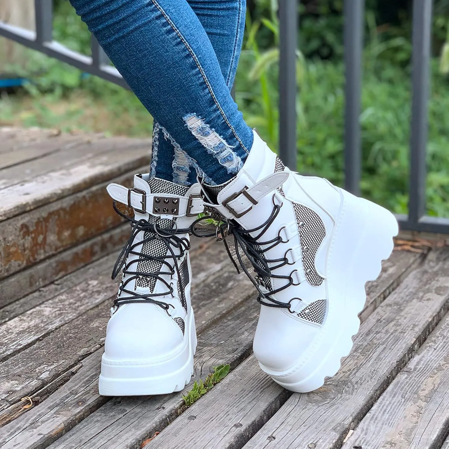 ZBYY Women's Lace Up Combat Booties Wedge Platform Mid Calf Military Booties Goth Buckle Strap Winter Ankle Boots