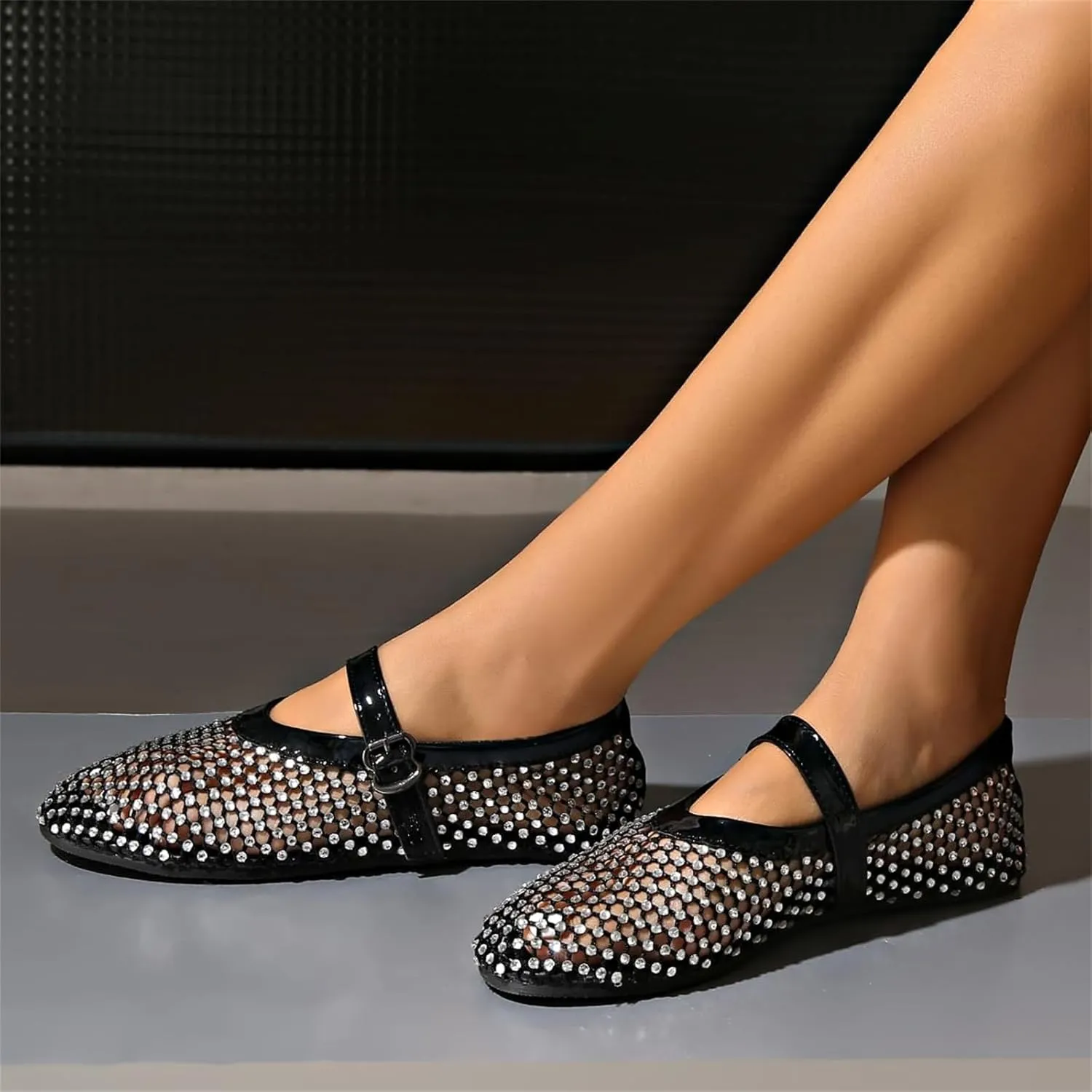 ZKXYFFS Women's Rhinestone Ballet Flats Sparkly Crystals Ballerina Shoes Buckled Straps Mesh Mary Jane Flat Comfortable Casual Fishnet Sandals