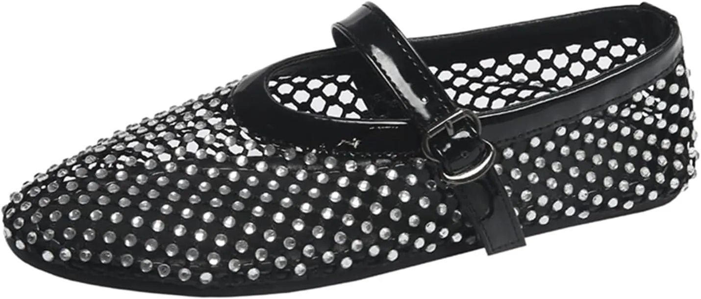 ZKXYFFS Women's Rhinestone Ballet Flats Sparkly Crystals Ballerina Shoes Buckled Straps Mesh Mary Jane Flat Comfortable Casual Fishnet Sandals