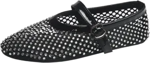 ZKXYFFS Women's Rhinestone Ballet Flats Sparkly Crystals Ballerina Shoes Buckled Straps Mesh Mary Jane Flat Comfortable Casual Fishnet Sandals