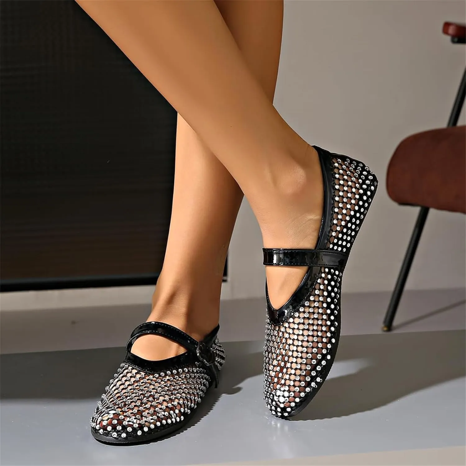 ZKXYFFS Women's Rhinestone Ballet Flats Sparkly Crystals Ballerina Shoes Buckled Straps Mesh Mary Jane Flat Comfortable Casual Fishnet Sandals