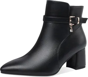 Z.Oufeier Women's Fashion Leather Chunky Ankle Boots Multi Strap Sparkly Rhinestone Pointed Toe Heeled Booties
