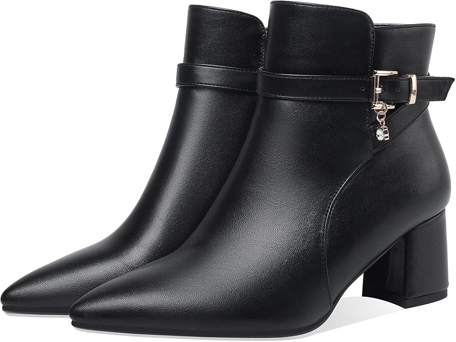 Z.Oufeier Women's Fashion Leather Chunky Ankle Boots Multi Strap Sparkly Rhinestone Pointed Toe Heeled Booties